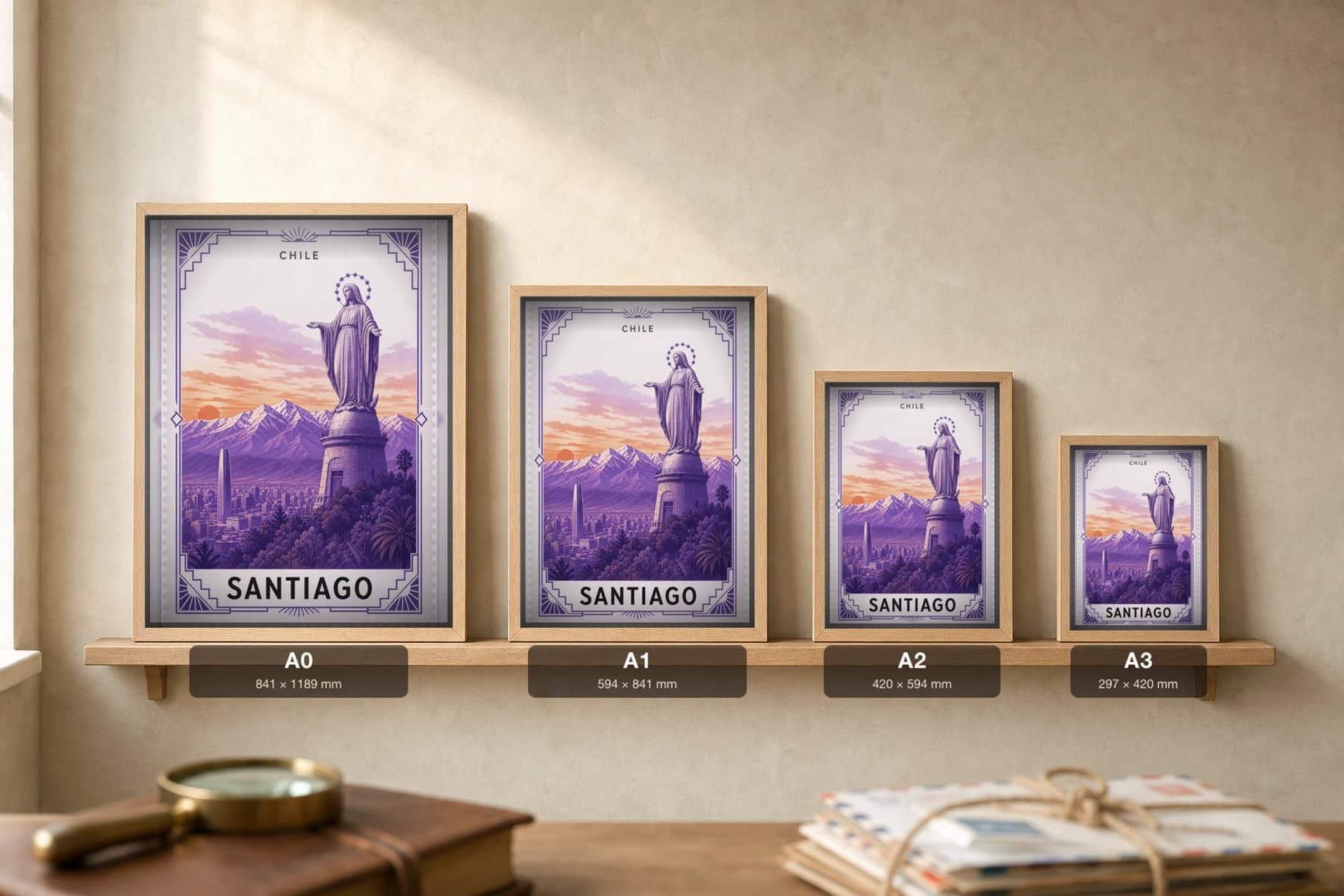 Santiago City Stamp Poster — Chile travel wall art · illustrated stamp print · framed A2 — print size guide showing the artwork at A0, A1, A2 and A3 in natural-oak frames at true relative scale