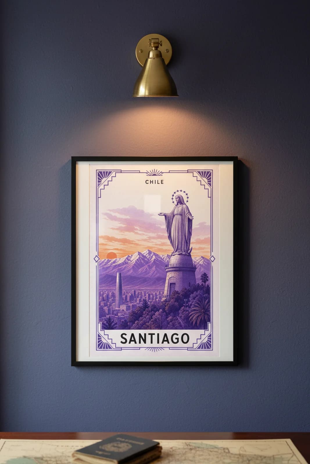 Santiago city stamp print in black A2 frame on wcs-americas-7309 postage-indigo wall — City Stamps mockup