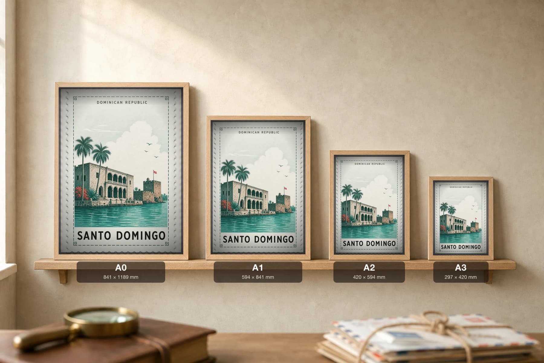 Santo Domingo City Stamp Poster — Dominican Republic travel wall art · illustrated stamp print · framed A2 — print size guide showing the artwork at A0, A1, A2 and A3 in natural-oak frames at true relative scale