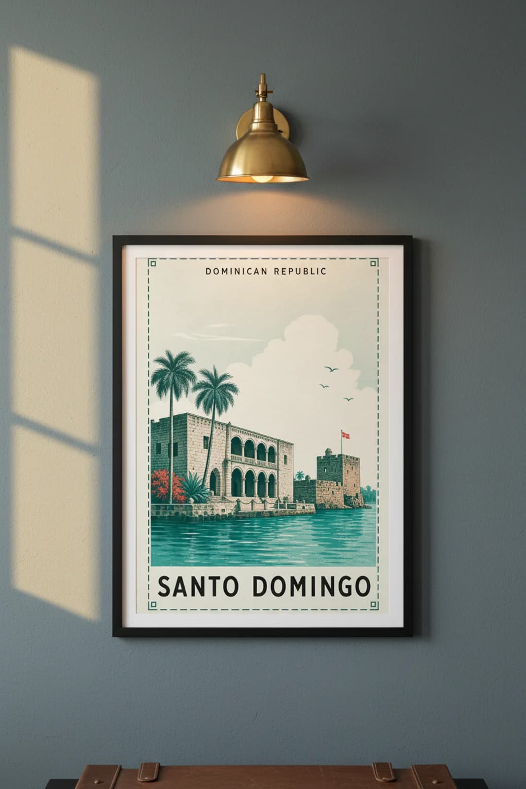 Santo Domingo city stamp print in black A2 frame on wcs-americas-9664 postage-indigo wall — City Stamps mockup
