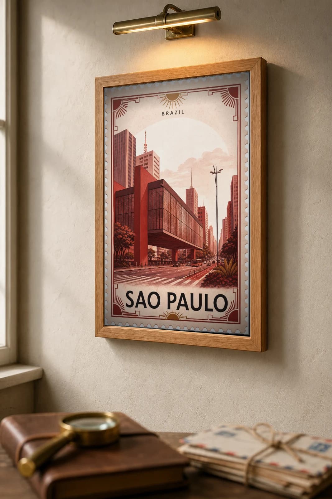 Sao Paulo City Stamp Poster — Brazil travel wall art · illustrated stamp print · framed A2 — the framed print shown at a three-quarter angle on a styled gallery wall in a natural-oak frame