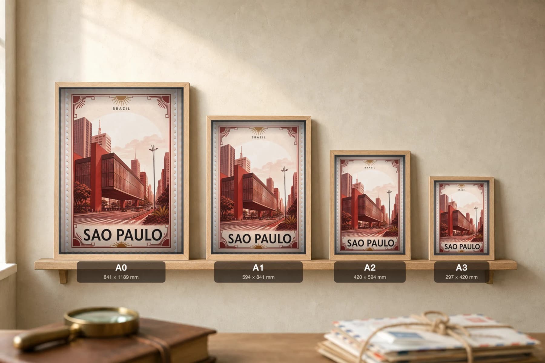 Sao Paulo City Stamp Poster — Brazil travel wall art · illustrated stamp print · framed A2 — print size guide showing the artwork at A0, A1, A2 and A3 in natural-oak frames at true relative scale