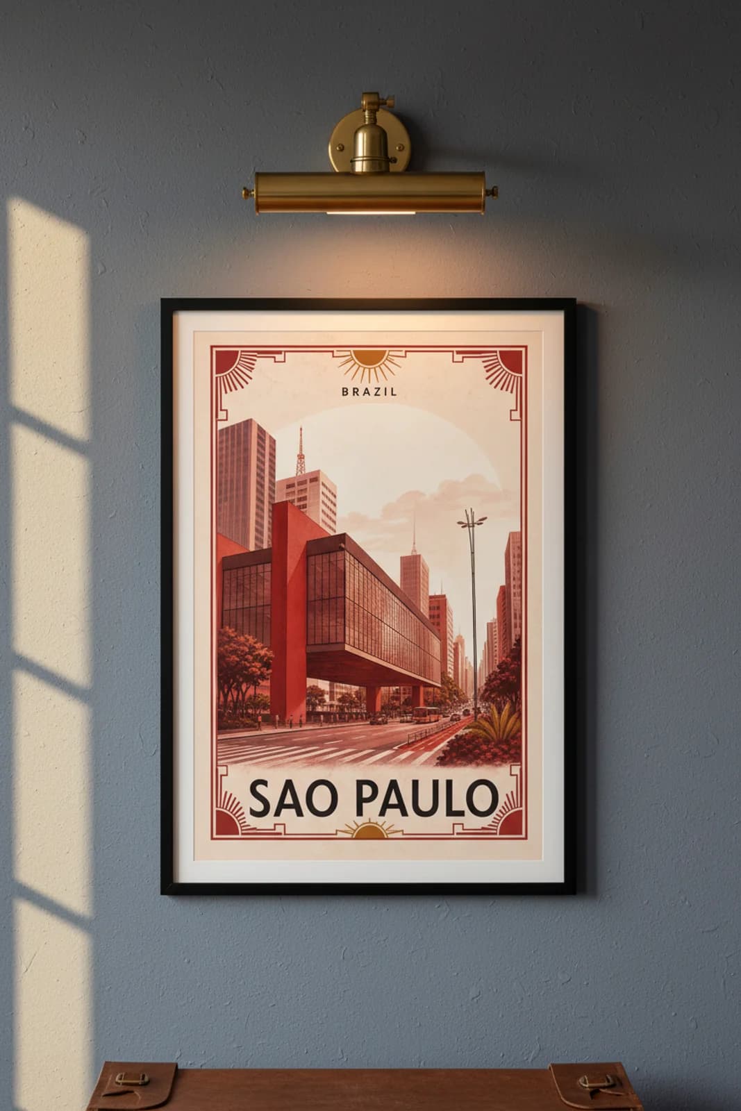 Sao Paulo city stamp print in black A2 frame on wcs-americas-9068 postage-indigo wall — City Stamps mockup
