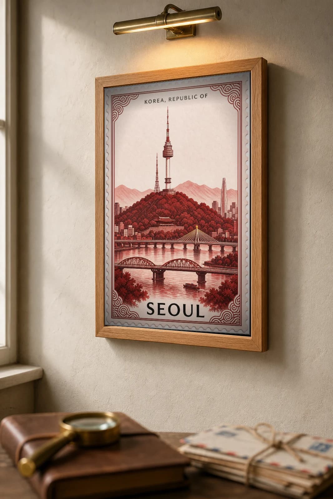 Seoul City Stamp Poster — Korea, Republic of travel wall art · illustrated stamp print · framed A2 — the framed print shown at a three-quarter angle on a styled gallery wall in a natural-oak frame