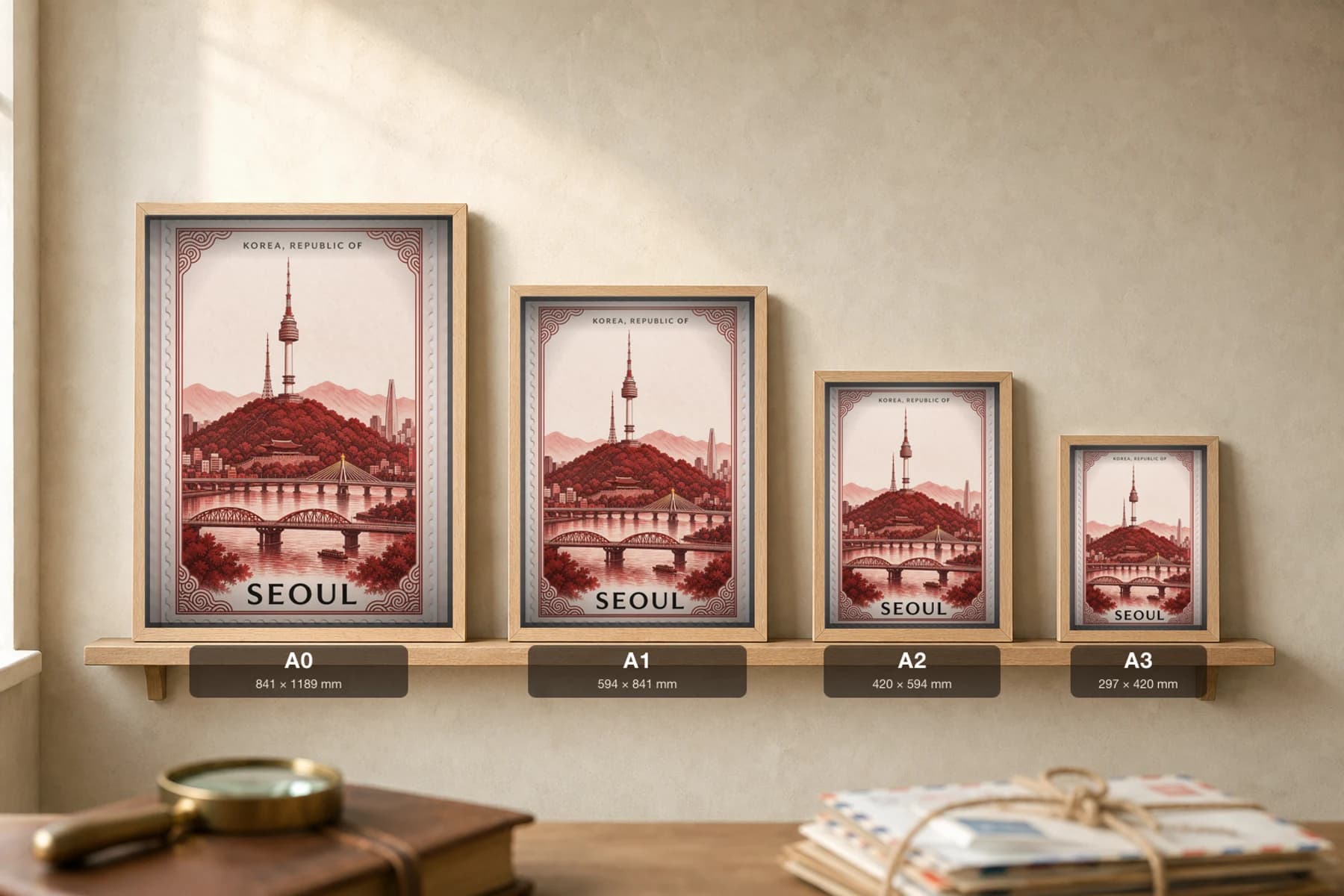 Seoul City Stamp Poster — Korea, Republic of travel wall art · illustrated stamp print · framed A2 — print size guide showing the artwork at A0, A1, A2 and A3 in natural-oak frames at true relative scale