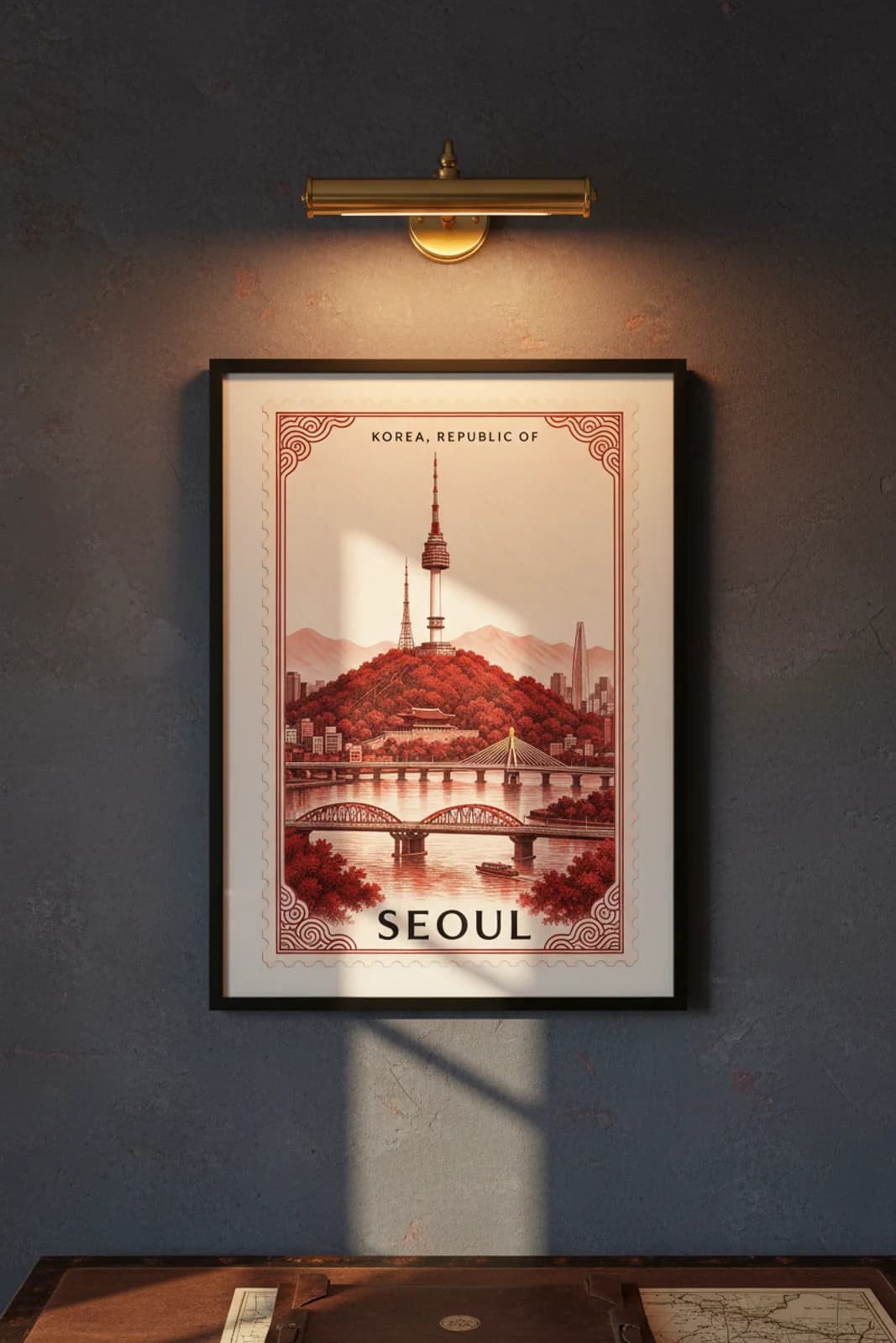 Seoul city stamp print in black A2 frame on wcs-asia-5292 postage-indigo wall — City Stamps mockup