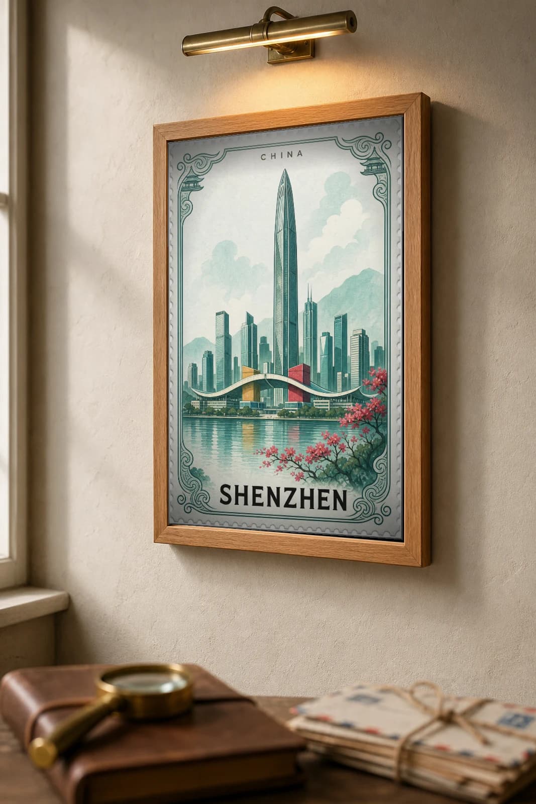 Shenzhen City Stamp Poster — China travel wall art · illustrated stamp print · framed A2 — the framed print shown at a three-quarter angle on a styled gallery wall in a natural-oak frame