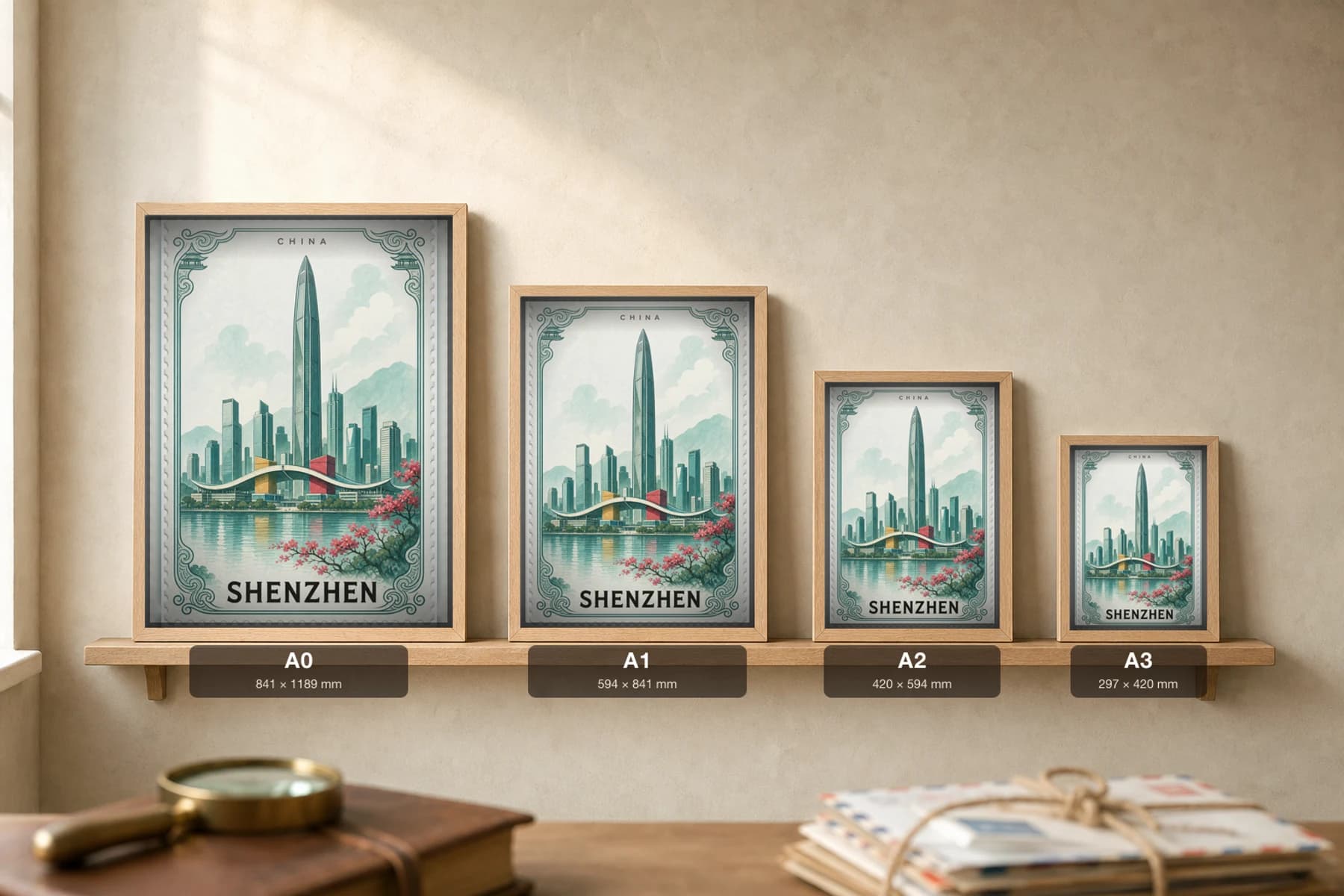 Shenzhen City Stamp Poster — China travel wall art · illustrated stamp print · framed A2 — print size guide showing the artwork at A0, A1, A2 and A3 in natural-oak frames at true relative scale