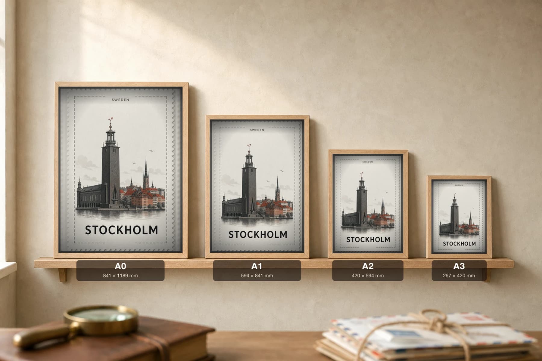 Stockholm City Stamp Poster — Sweden travel wall art · illustrated stamp print · framed A2 — print size guide showing the artwork at A0, A1, A2 and A3 in natural-oak frames at true relative scale