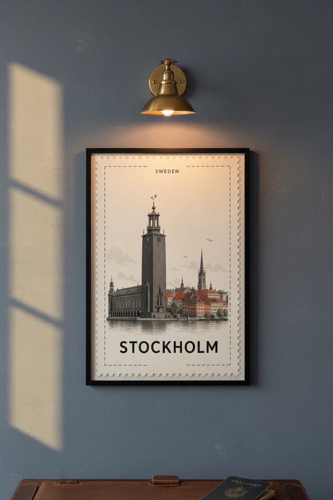 Stockholm city stamp print in black A2 frame on wcs-europe-8668 postage-indigo wall — City Stamps mockup