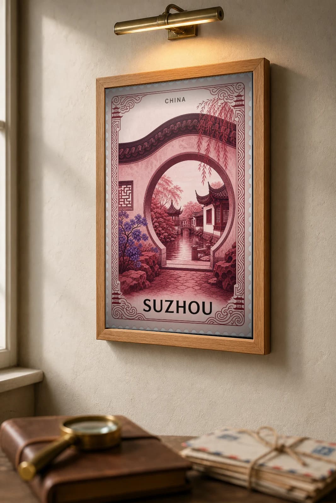Suzhou City Stamp Poster — China travel wall art · illustrated stamp print · framed A2 — the framed print shown at a three-quarter angle on a styled gallery wall in a natural-oak frame