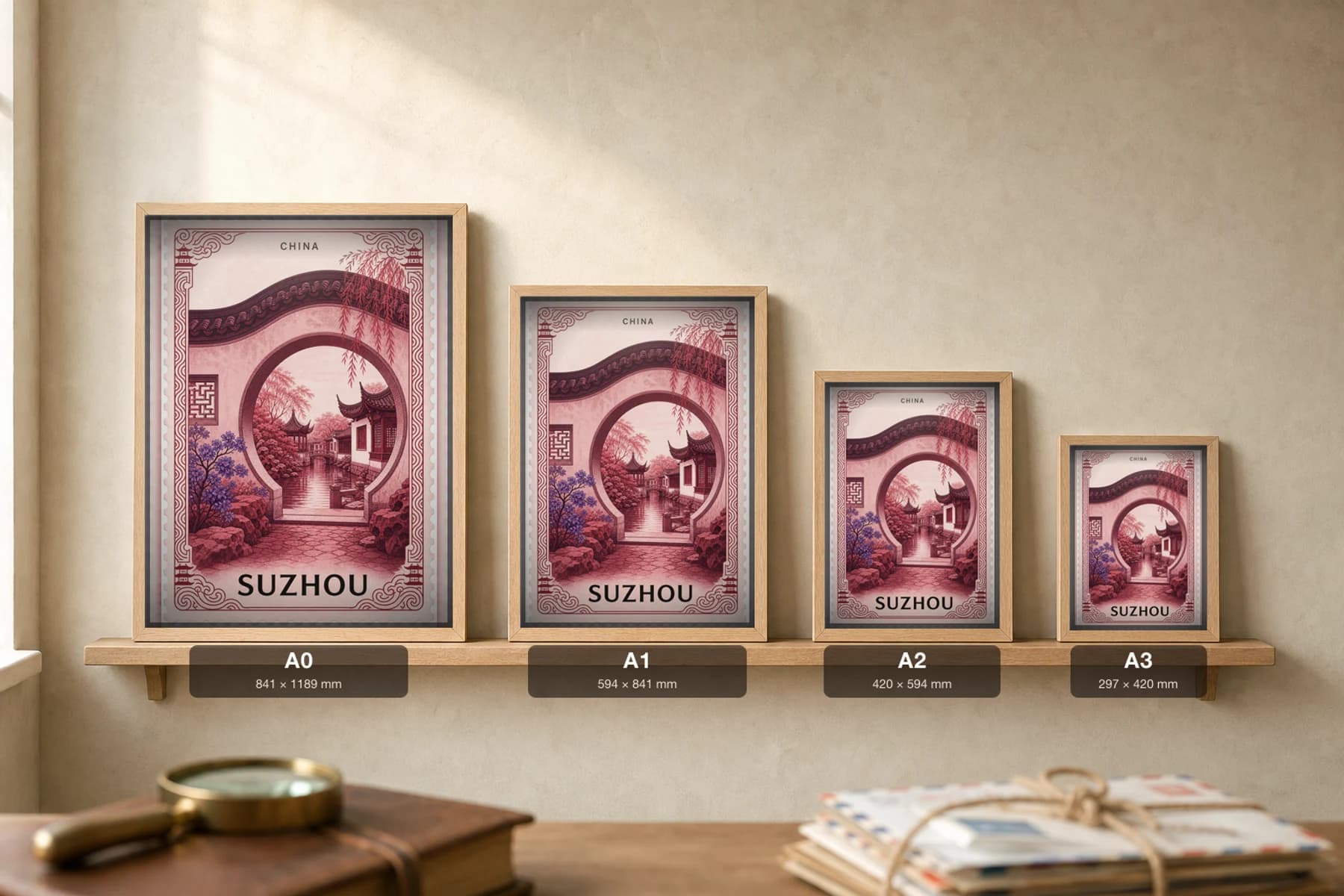 Suzhou City Stamp Poster — China travel wall art · illustrated stamp print · framed A2 — print size guide showing the artwork at A0, A1, A2 and A3 in natural-oak frames at true relative scale