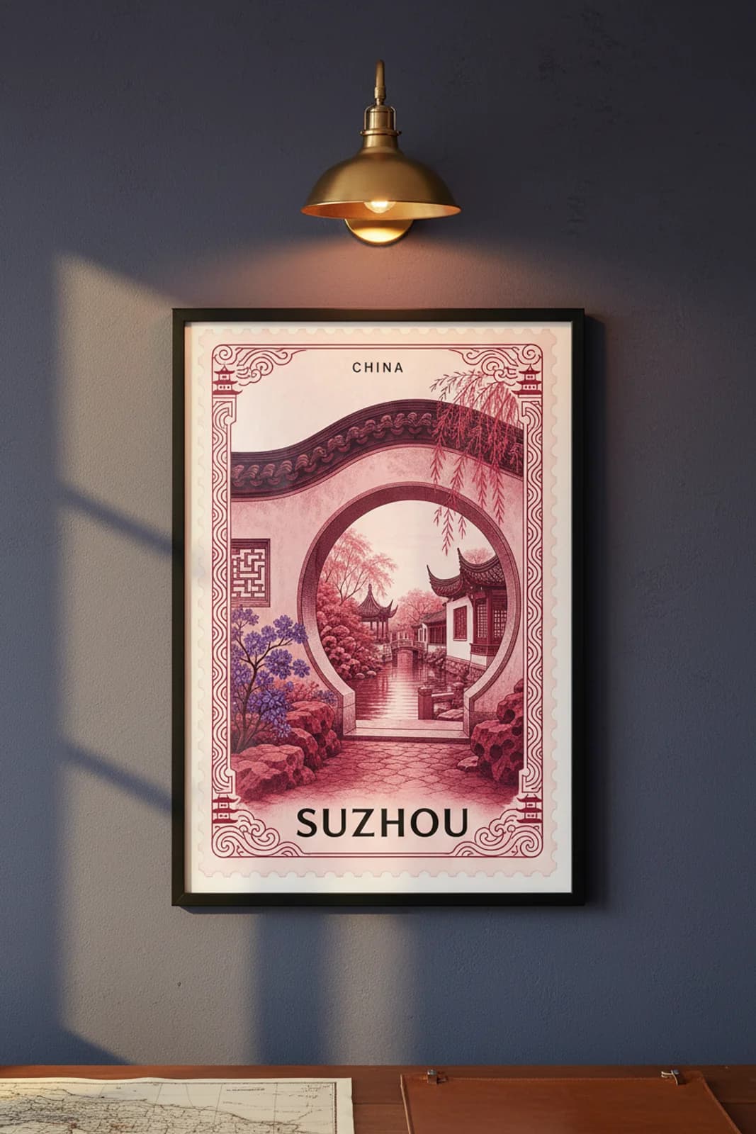 Suzhou city stamp print in black A2 frame on wcs-asia-8378 postage-indigo wall — City Stamps mockup