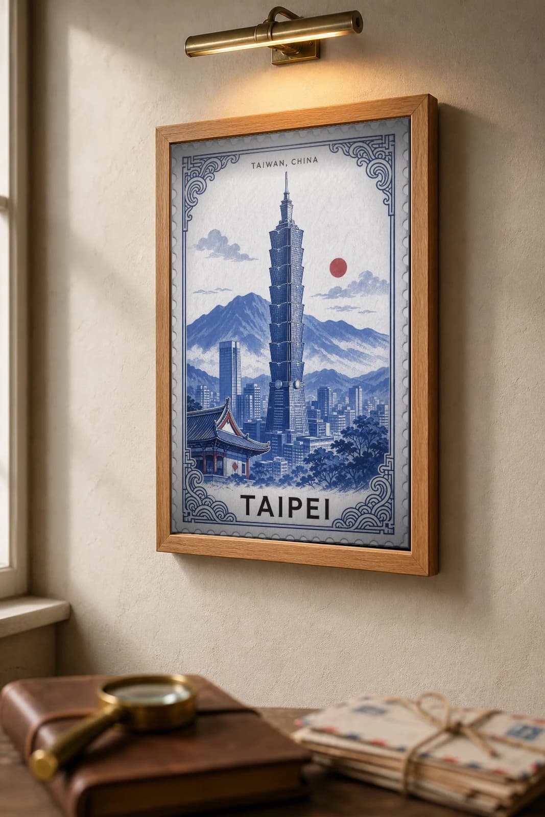 Taipei City Stamp Poster — Taiwan, China travel wall art · illustrated stamp print · framed A2 — the framed print shown at a three-quarter angle on a styled gallery wall in a natural-oak frame