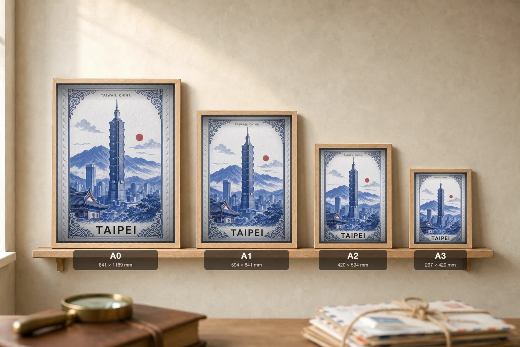 Taipei City Stamp Poster — Taiwan, China travel wall art · illustrated stamp print · framed A2 — print size guide showing the artwork at A0, A1, A2 and A3 in natural-oak frames at true relative scale