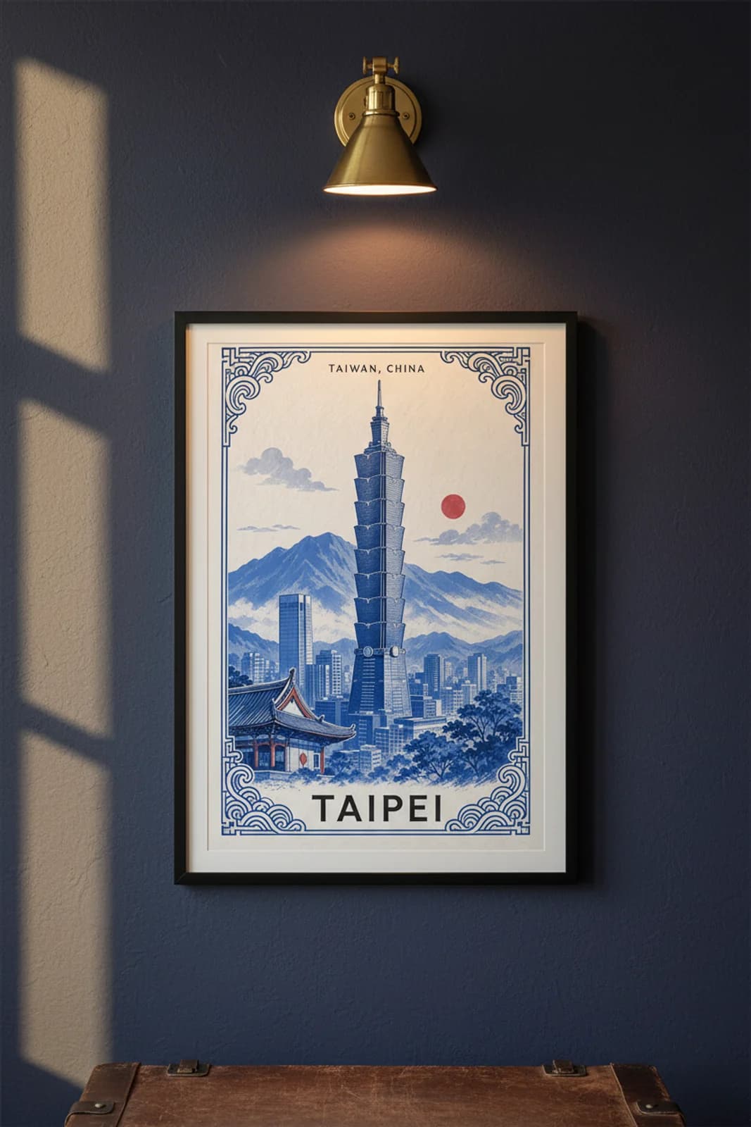 Taipei city stamp print in black A2 frame on wcs-asia-5824 postage-indigo wall — City Stamps mockup