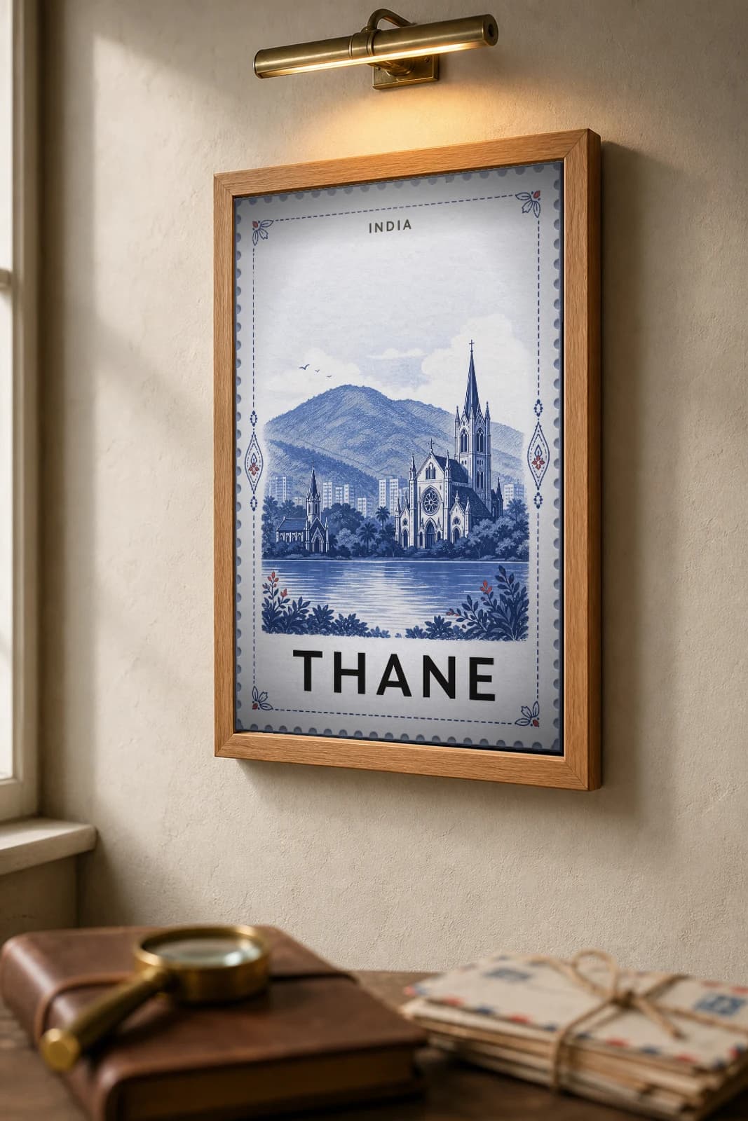 Thane City Stamp Poster — India travel wall art · illustrated stamp print · framed A2 — the framed print shown at a three-quarter angle on a styled gallery wall in a natural-oak frame
