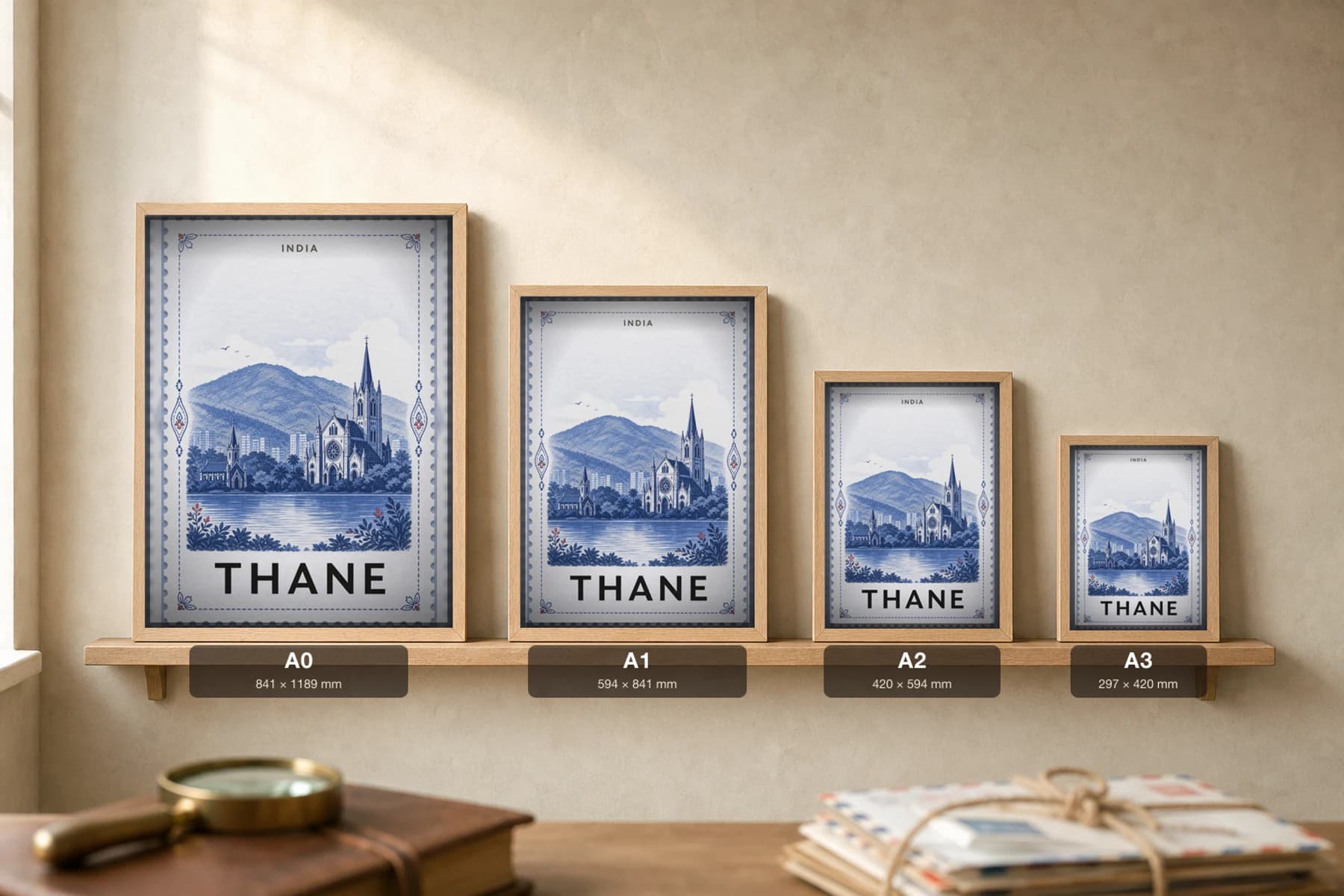 Thane City Stamp Poster — India travel wall art · illustrated stamp print · framed A2 — print size guide showing the artwork at A0, A1, A2 and A3 in natural-oak frames at true relative scale