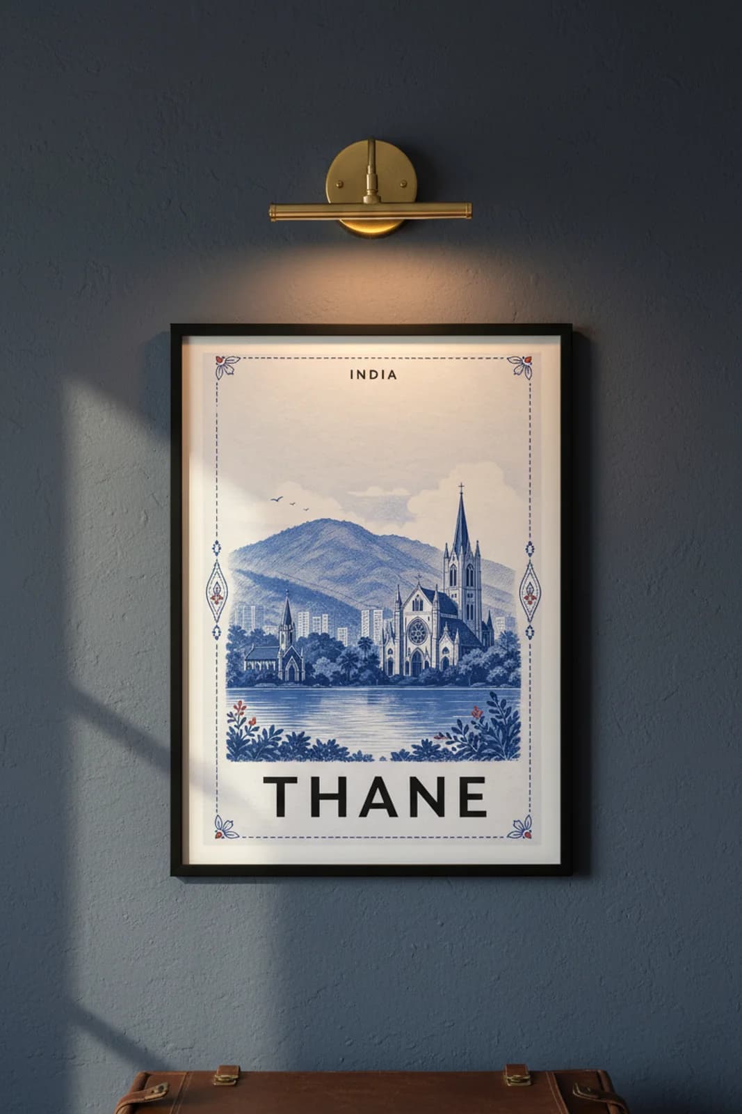 Thane city stamp print in black A2 frame on wcs-asia-3518 postage-indigo wall — City Stamps mockup