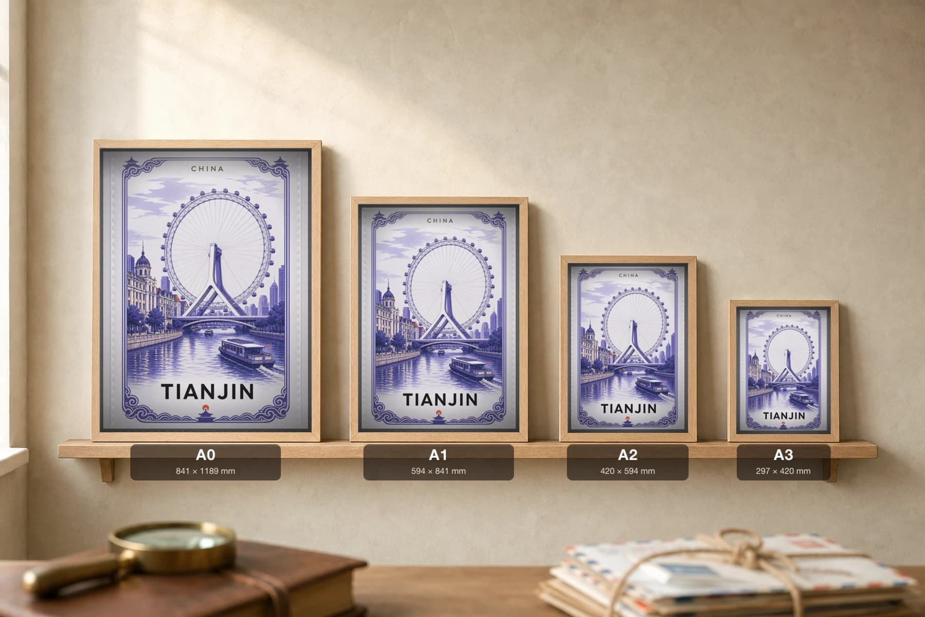Tianjin City Stamp Poster — China travel wall art · illustrated stamp print · framed A2 — print size guide showing the artwork at A0, A1, A2 and A3 in natural-oak frames at true relative scale