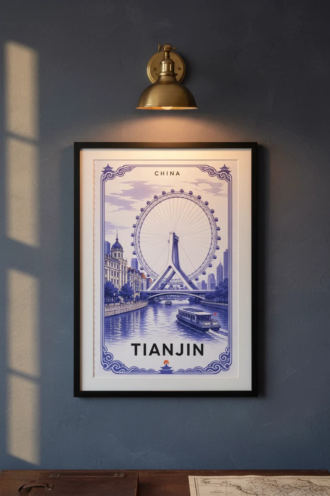 Tianjin city stamp print in black A2 frame on wcs-asia-3163 postage-indigo wall — City Stamps mockup