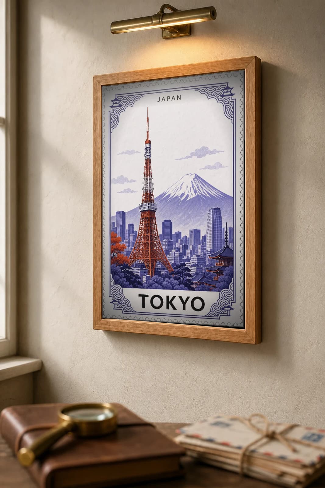 Tokyo City Stamp Poster — Japan travel wall art · illustrated stamp print · framed A2 — the framed print shown at a three-quarter angle on a styled gallery wall in a natural-oak frame