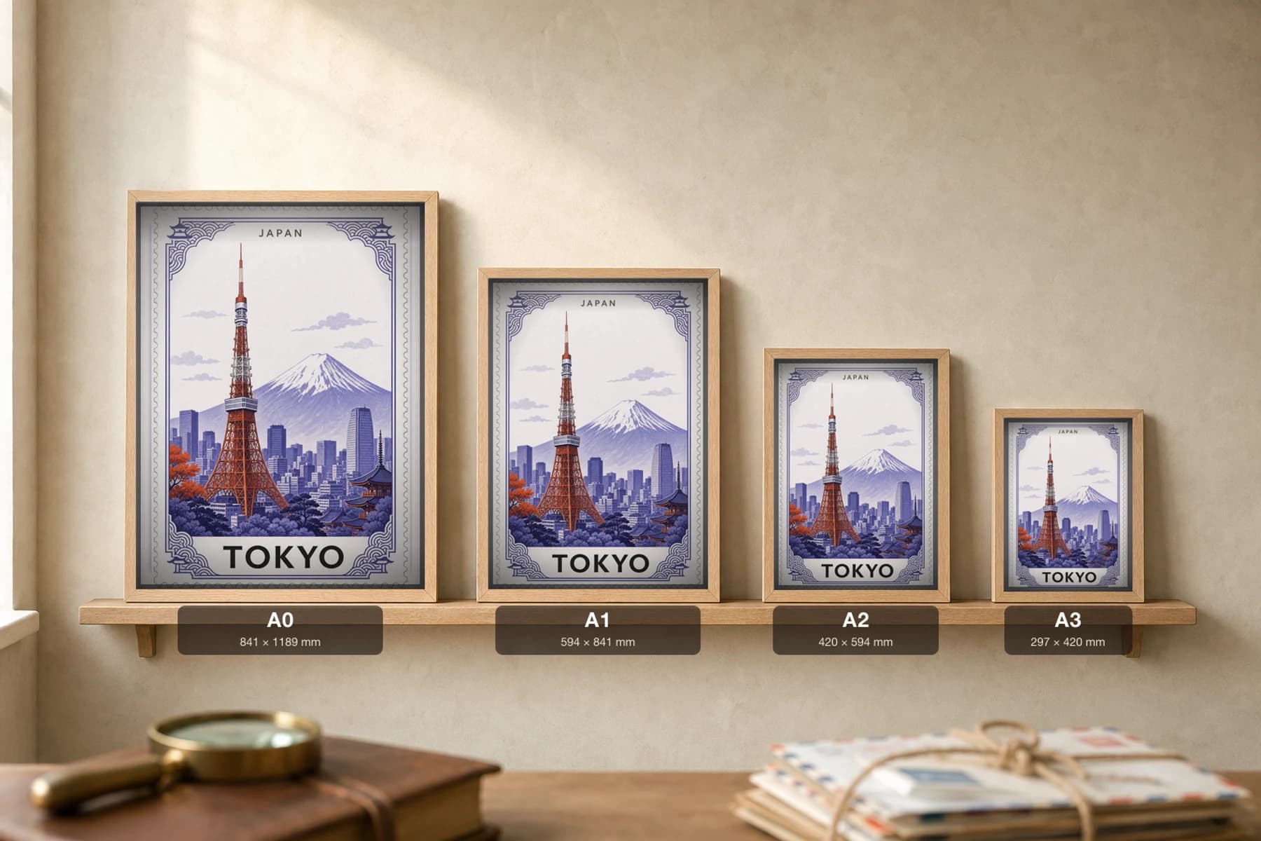 Tokyo City Stamp Poster — Japan travel wall art · illustrated stamp print · framed A2 — print size guide showing the artwork at A0, A1, A2 and A3 in natural-oak frames at true relative scale