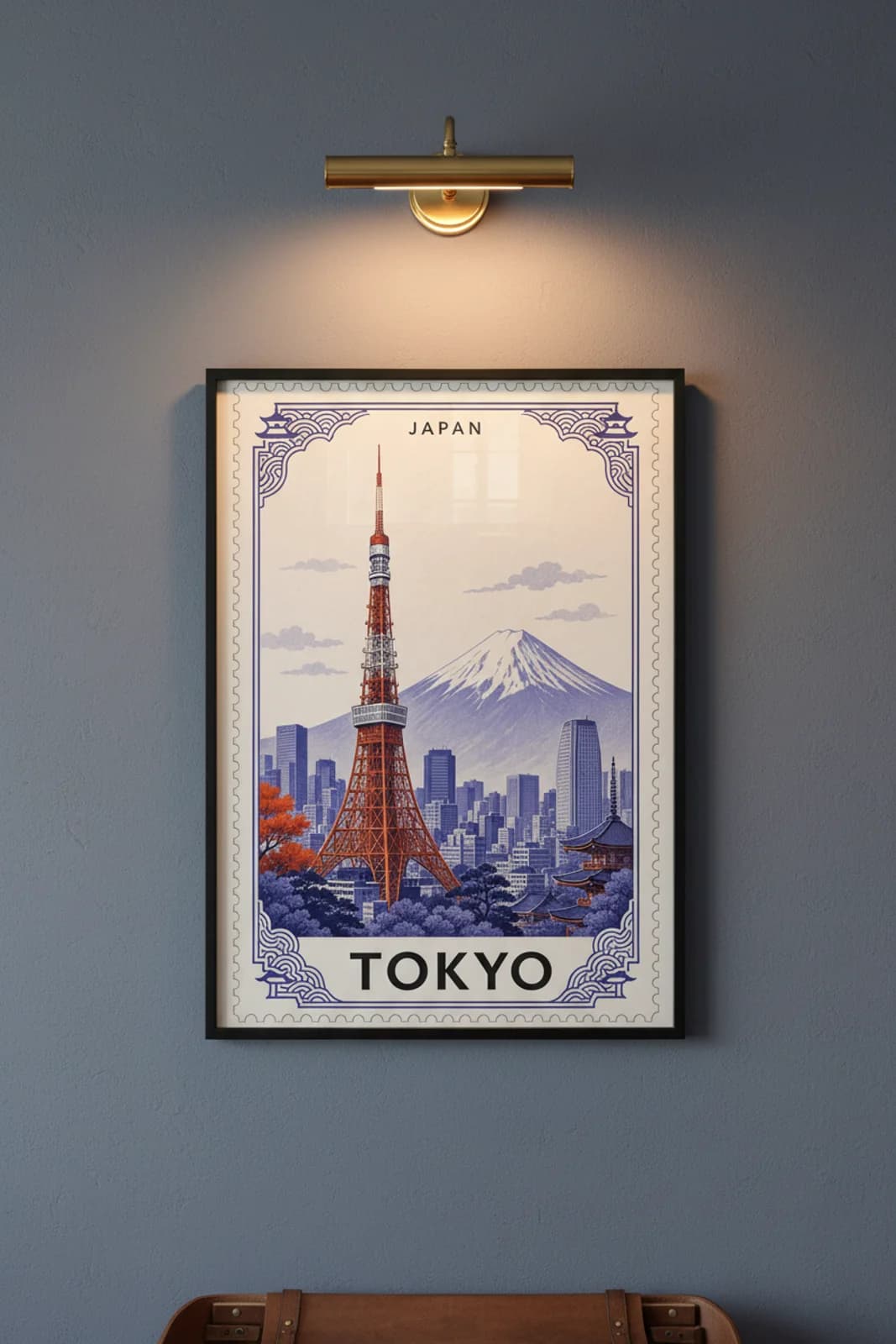 Tokyo city stamp print in black A2 frame on wcs-asia-3124 postage-indigo wall — City Stamps mockup