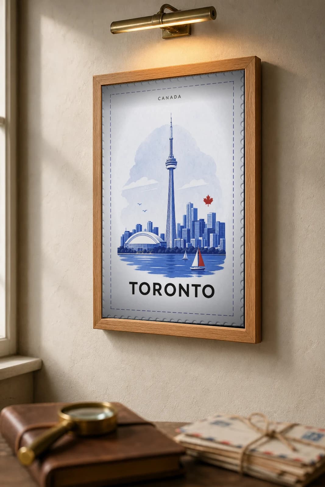 Toronto City Stamp Poster — Canada travel wall art · illustrated stamp print · framed A2 — the framed print shown at a three-quarter angle on a styled gallery wall in a natural-oak frame
