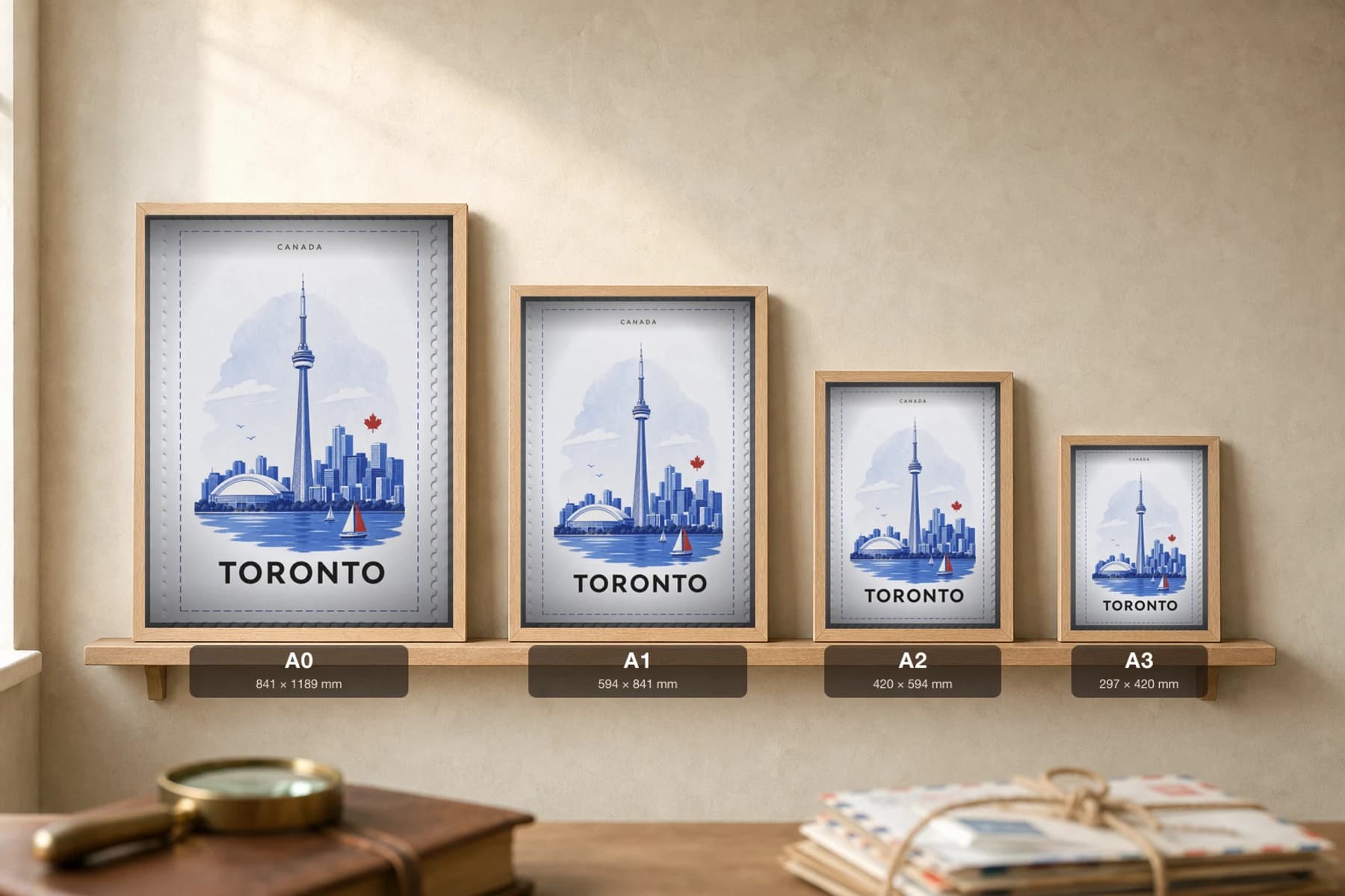 Toronto City Stamp Poster — Canada travel wall art · illustrated stamp print · framed A2 — print size guide showing the artwork at A0, A1, A2 and A3 in natural-oak frames at true relative scale
