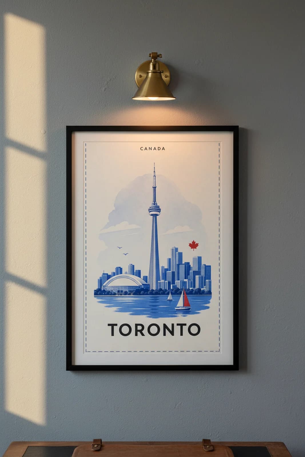Toronto city stamp print in black A2 frame on wcs-americas-5950 postage-indigo wall — City Stamps mockup