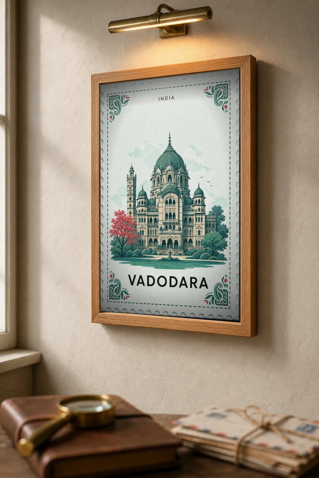 Vadodara City Stamp Poster — India travel wall art · illustrated stamp print · framed A2 — the framed print shown at a three-quarter angle on a styled gallery wall in a natural-oak frame