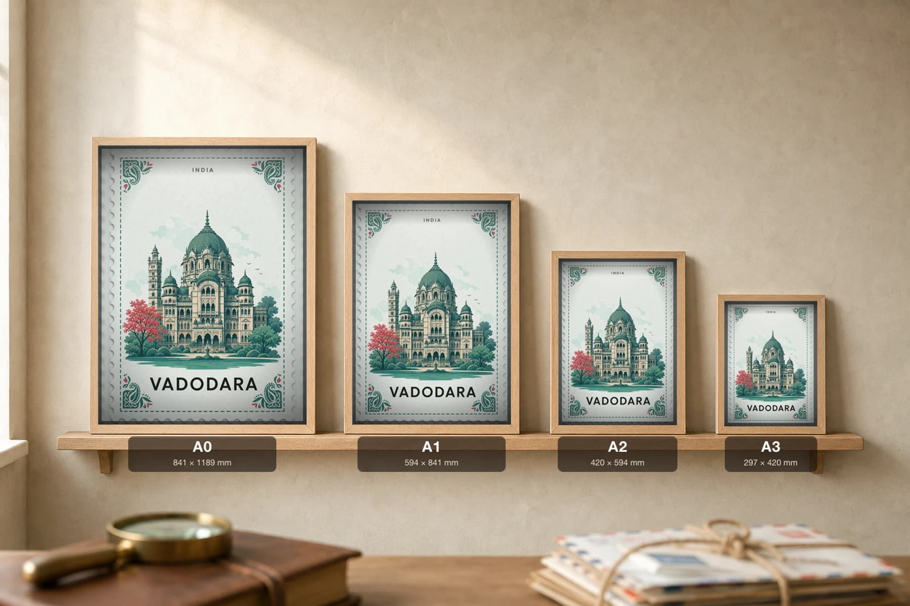 Vadodara City Stamp Poster — India travel wall art · illustrated stamp print · framed A2 — print size guide showing the artwork at A0, A1, A2 and A3 in natural-oak frames at true relative scale