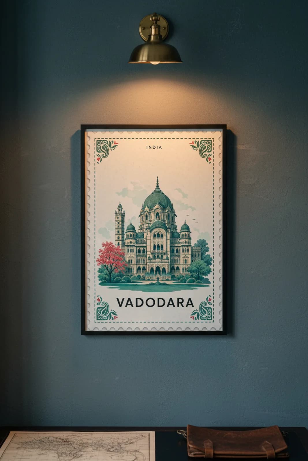 Vadodara city stamp print in black A2 frame on wcs-asia-7551 postage-indigo wall — City Stamps mockup