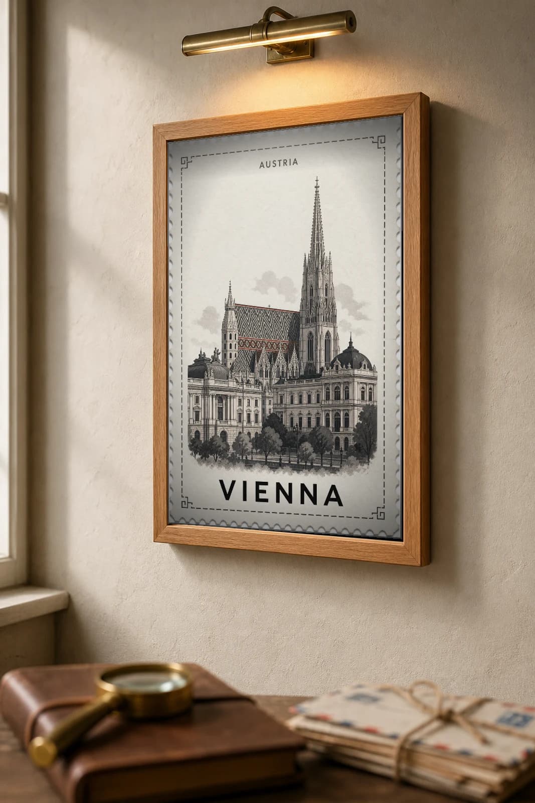 Vienna City Stamp Poster — Austria travel wall art · illustrated stamp print · framed A2 — the framed print shown at a three-quarter angle on a styled gallery wall in a natural-oak frame