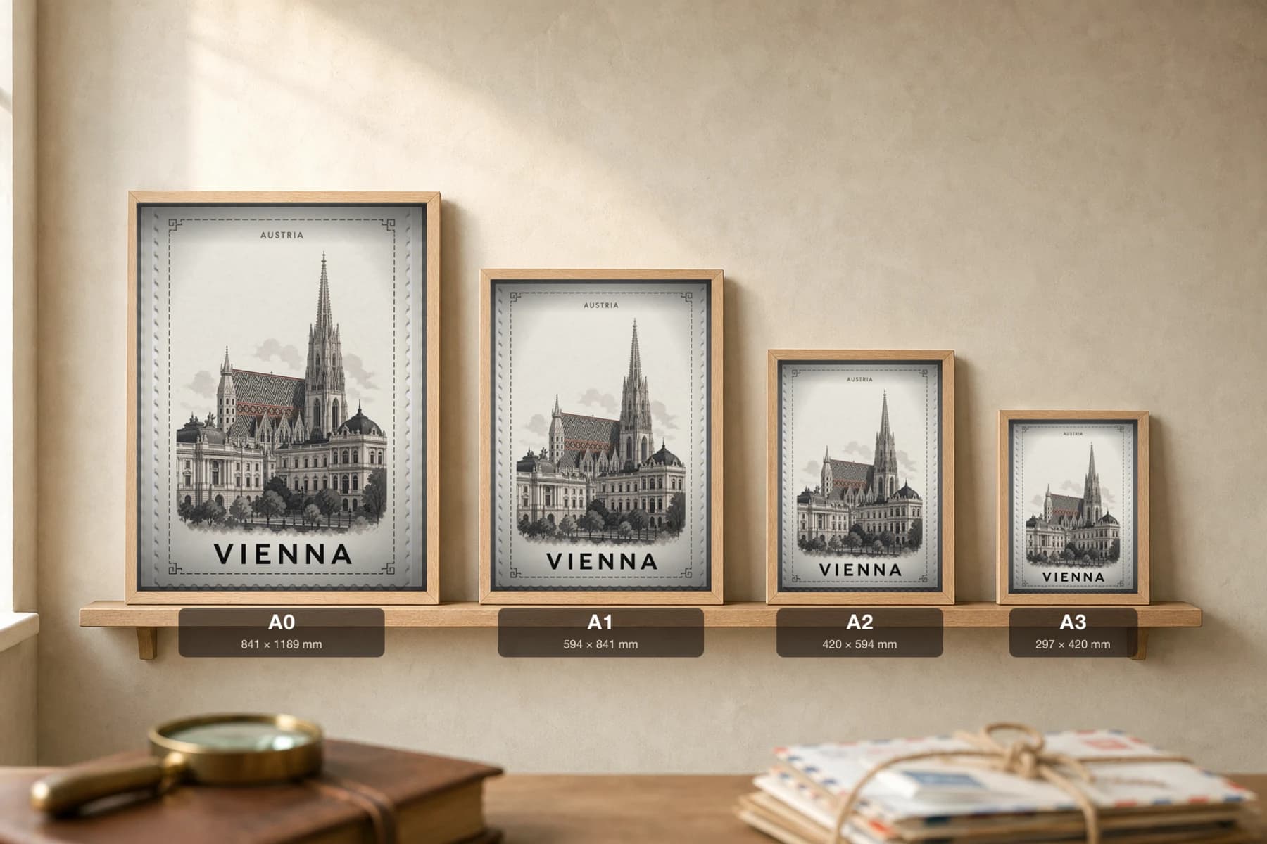 Vienna City Stamp Poster — Austria travel wall art · illustrated stamp print · framed A2 — print size guide showing the artwork at A0, A1, A2 and A3 in natural-oak frames at true relative scale