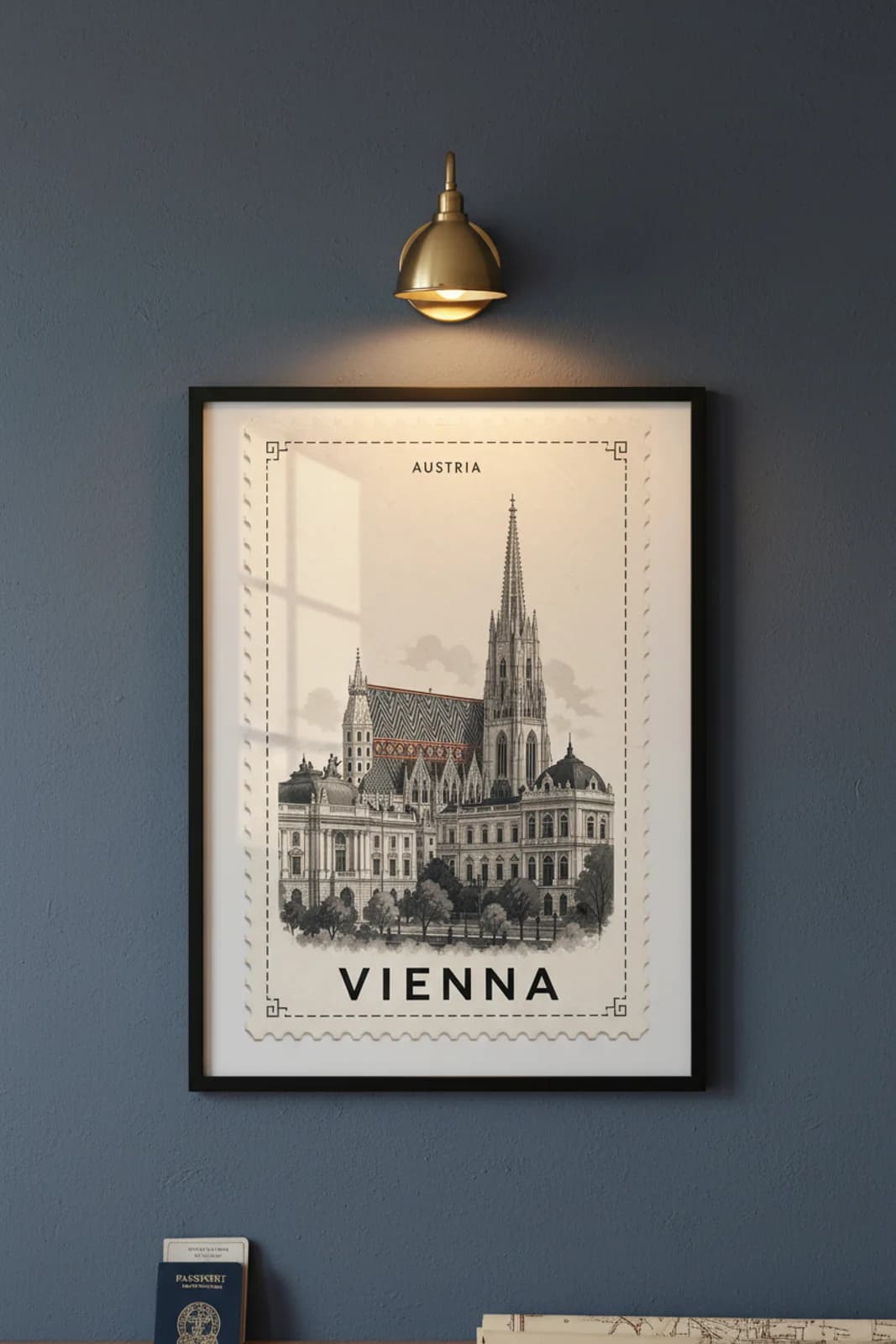 Vienna city stamp print in black A2 frame on wcs-europe-8227 postage-indigo wall — City Stamps mockup
