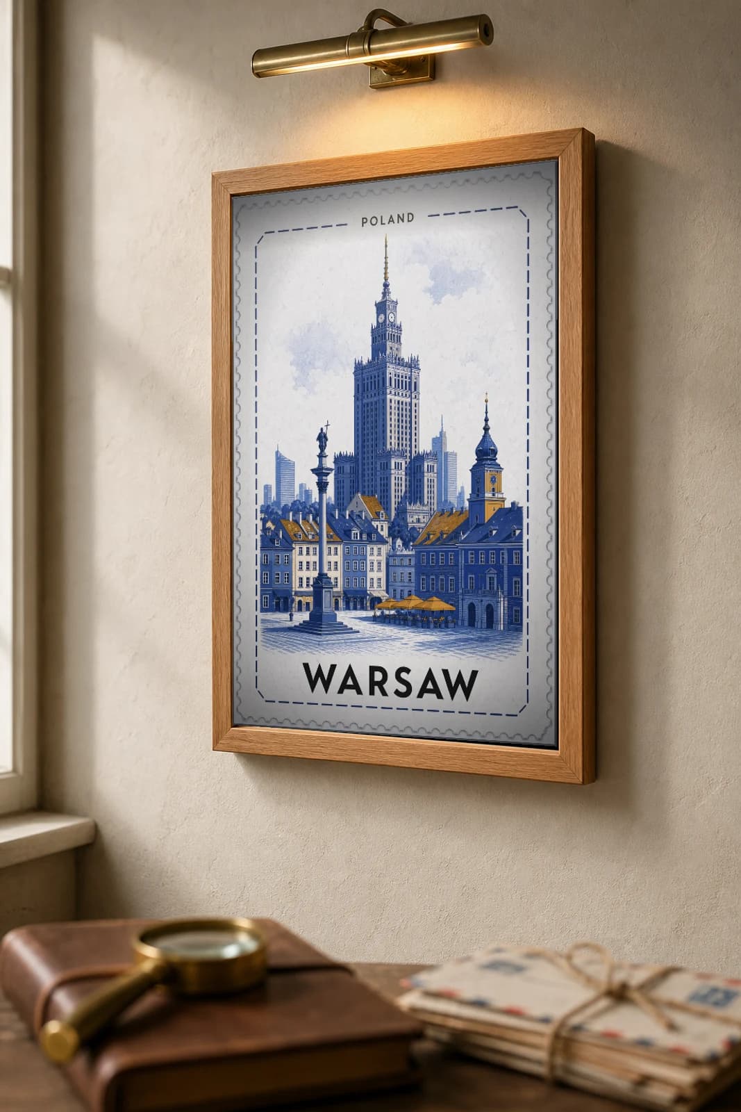 Warsaw City Stamp Poster — Poland travel wall art · illustrated stamp print · framed A2 — the framed print shown at a three-quarter angle on a styled gallery wall in a natural-oak frame