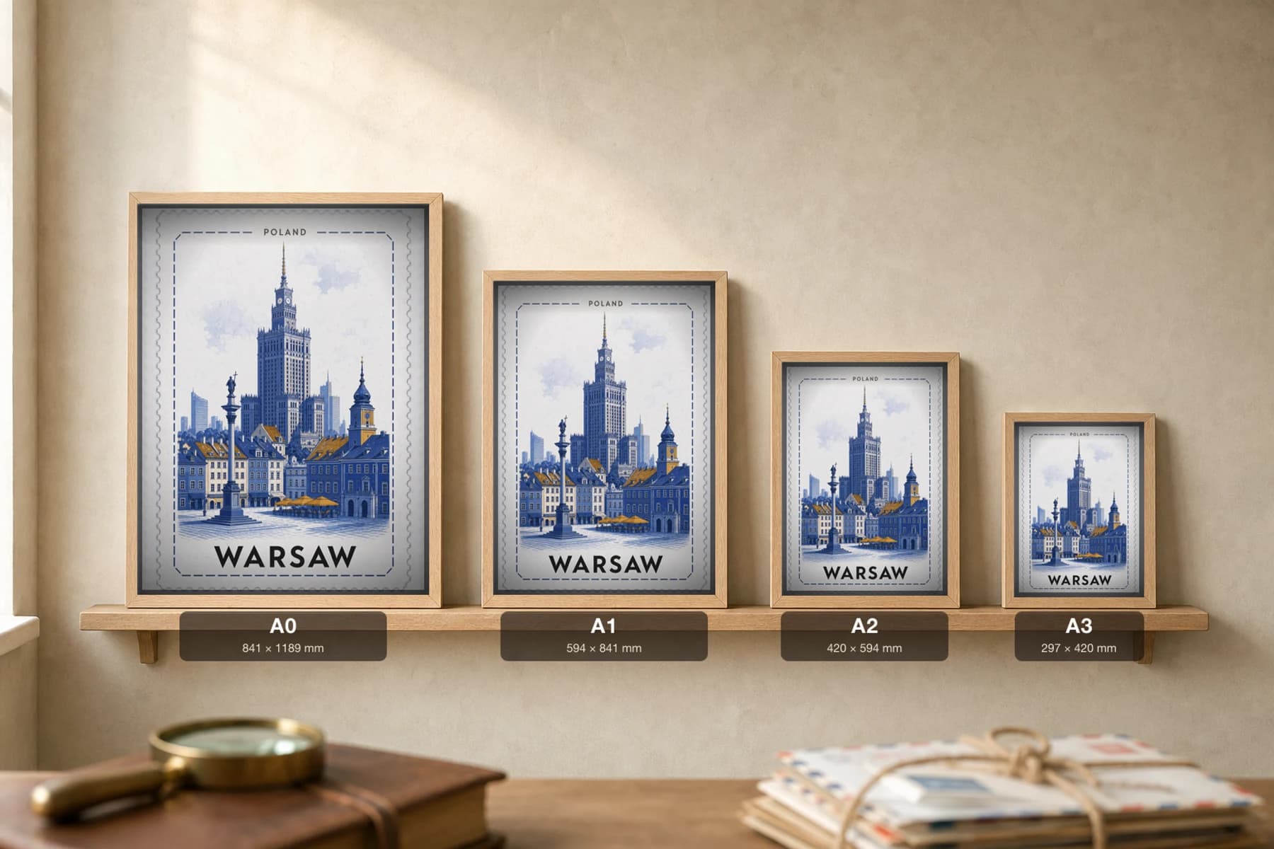 Warsaw City Stamp Poster — Poland travel wall art · illustrated stamp print · framed A2 — print size guide showing the artwork at A0, A1, A2 and A3 in natural-oak frames at true relative scale