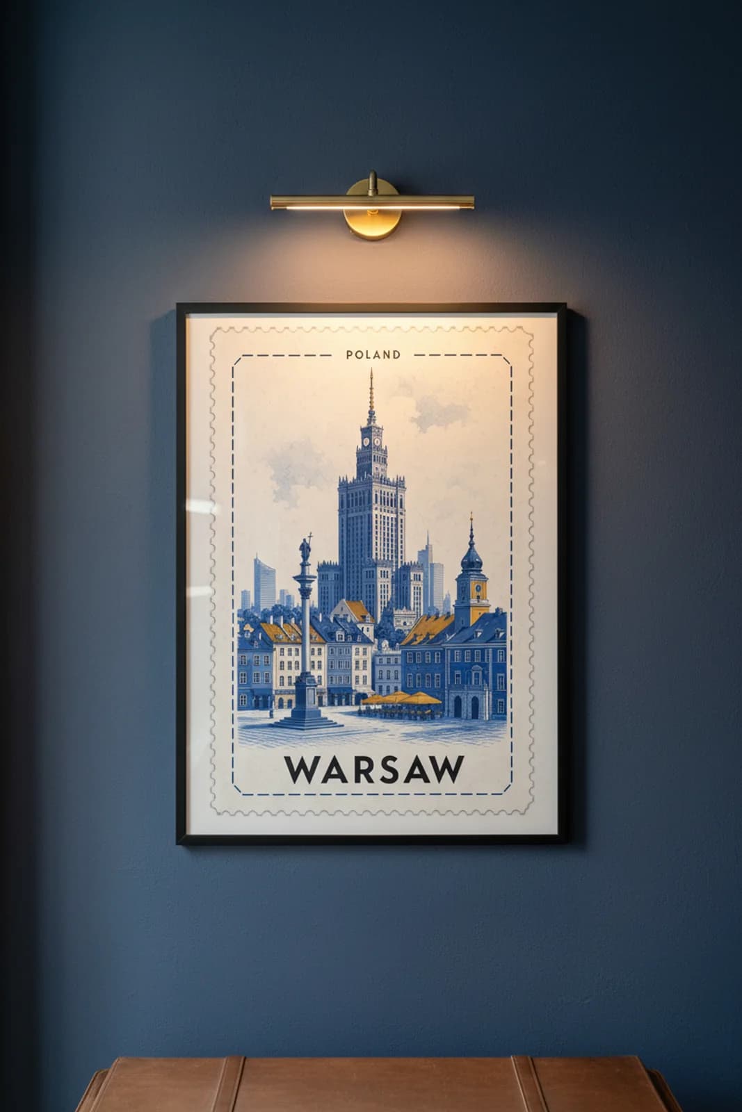 Warsaw city stamp print in black A2 frame on wcs-europe-1525 postage-indigo wall — City Stamps mockup