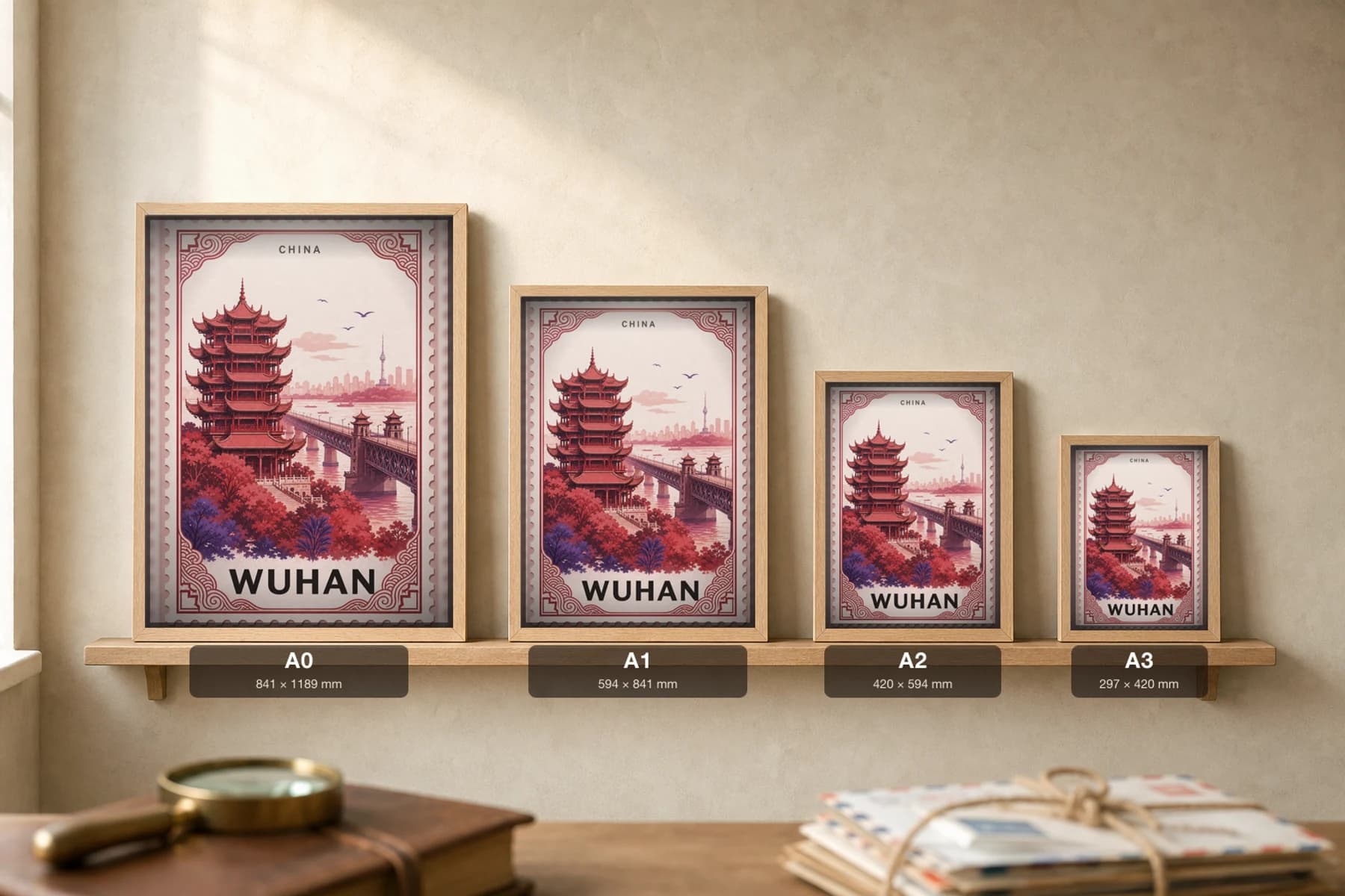 Wuhan City Stamp Poster — China travel wall art · illustrated stamp print · framed A2 — print size guide showing the artwork at A0, A1, A2 and A3 in natural-oak frames at true relative scale