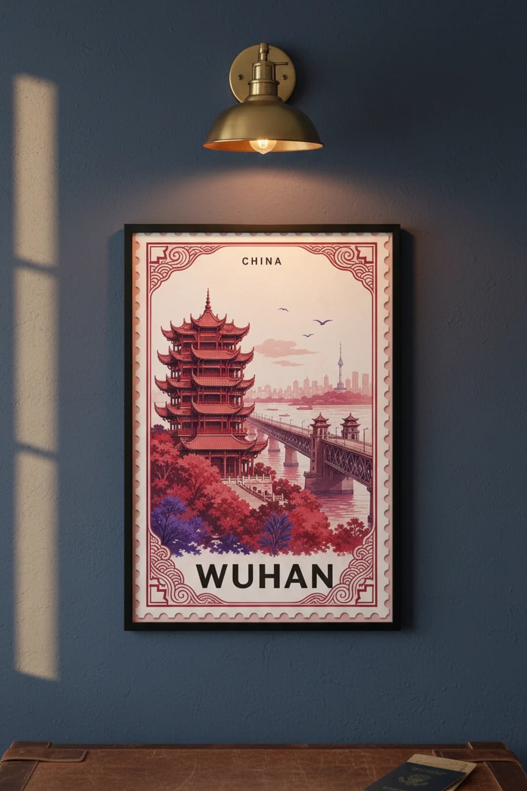 Wuhan city stamp print in black A2 frame on wcs-asia-2502 postage-indigo wall — City Stamps mockup