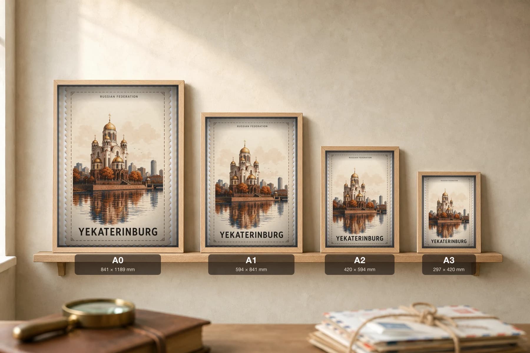 Yekaterinburg City Stamp Poster — Russian Federation travel wall art · illustrated stamp print · framed A2 — print size guide showing the artwork at A0, A1, A2 and A3 in natural-oak frames at true relative scale