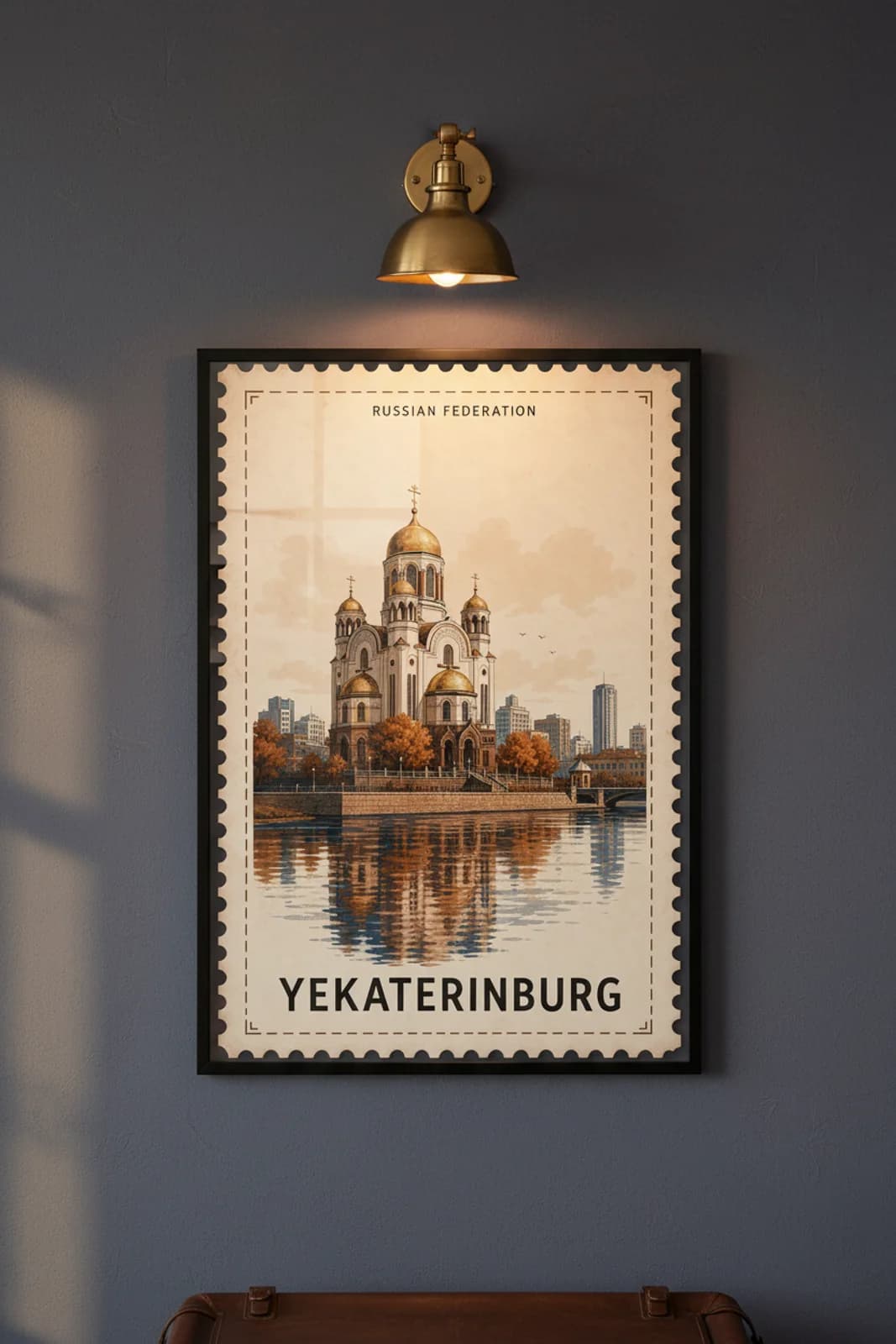 Yekaterinburg city stamp print in black A2 frame on wcs-europe-4939 postage-indigo wall — City Stamps mockup