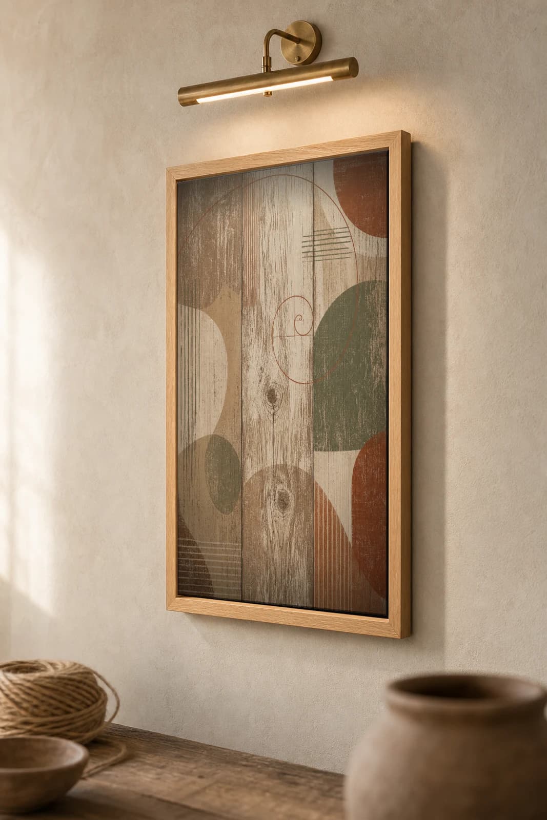 Barn Wood Grain Vertical Print — Earthy Minimalism Abstract Wall Art · framed A2 — the framed print shown at a three-quarter angle on a styled gallery wall in a natural-oak frame