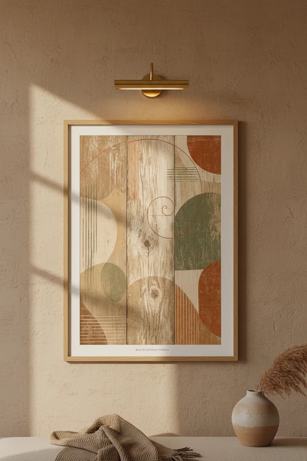 Barn Wood Grain Vertical earthy minimalist print in natural_oak A2 frame on weathered-oak clay wall — Earthy Minimalism mockup