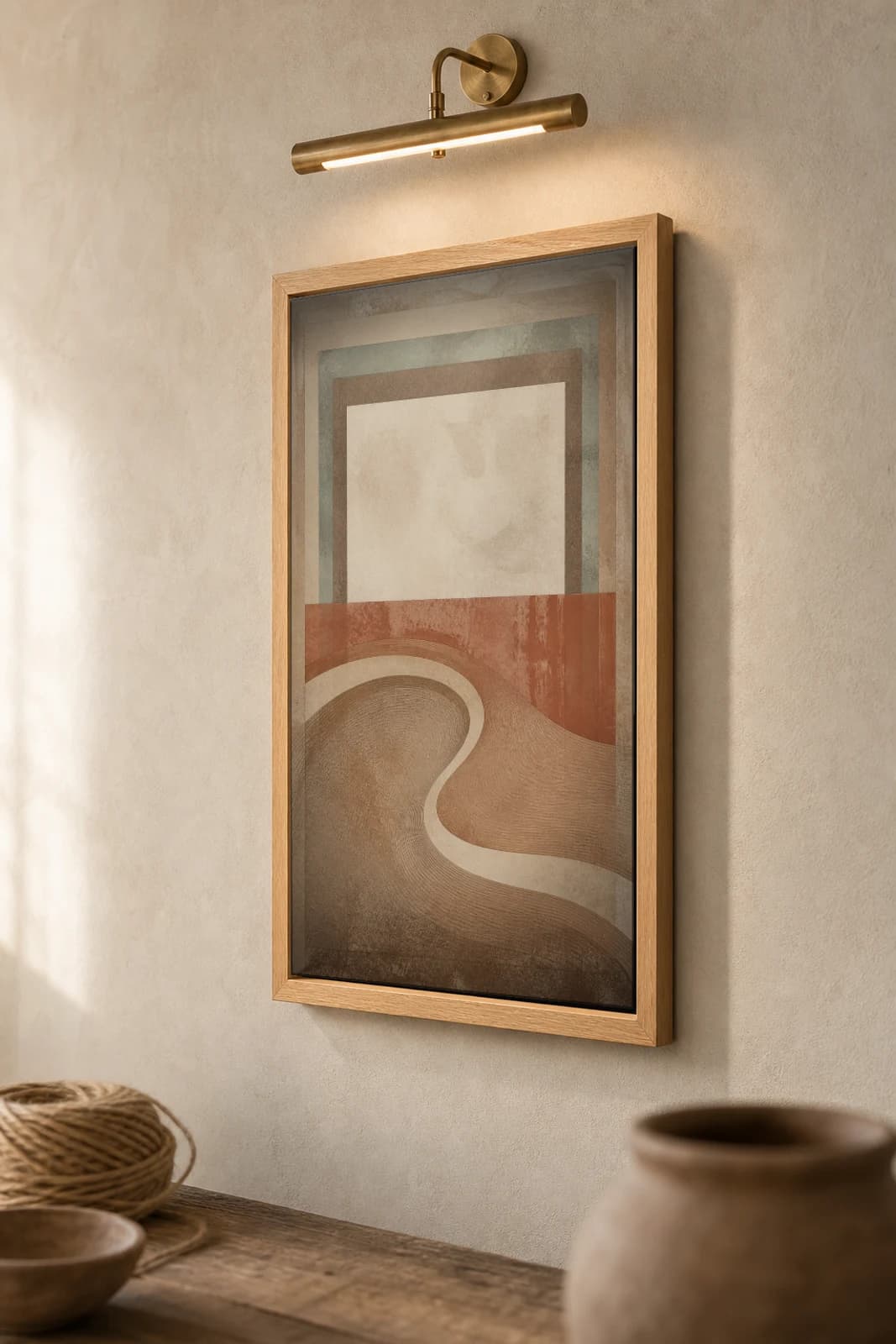 Dune Ripple Single Print — Earthy Minimalism Abstract Wall Art · framed A2 — the framed print shown at a three-quarter angle on a styled gallery wall in a natural-oak frame