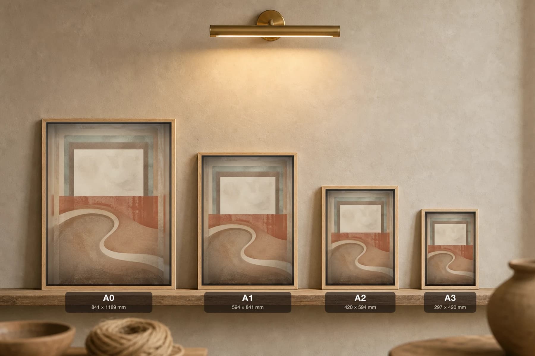 Dune Ripple Single Print — Earthy Minimalism Abstract Wall Art · framed A2 — print size guide showing the artwork at A0, A1, A2 and A3 in natural-oak frames at true relative scale