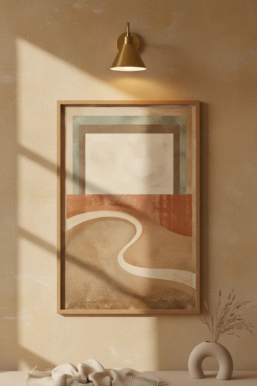 Dune Ripple Single earthy minimalist print in natural_oak A2 frame on ochre-gold clay wall — Earthy Minimalism mockup