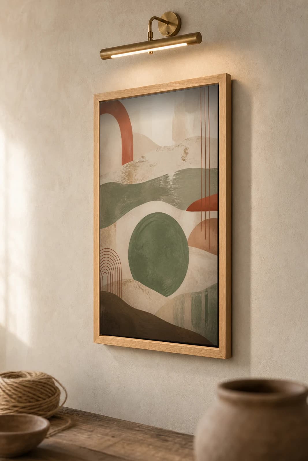 Moss Circle Warm White Print — Earthy Minimalism Abstract Wall Art · framed A2 — the framed print shown at a three-quarter angle on a styled gallery wall in a natural-oak frame